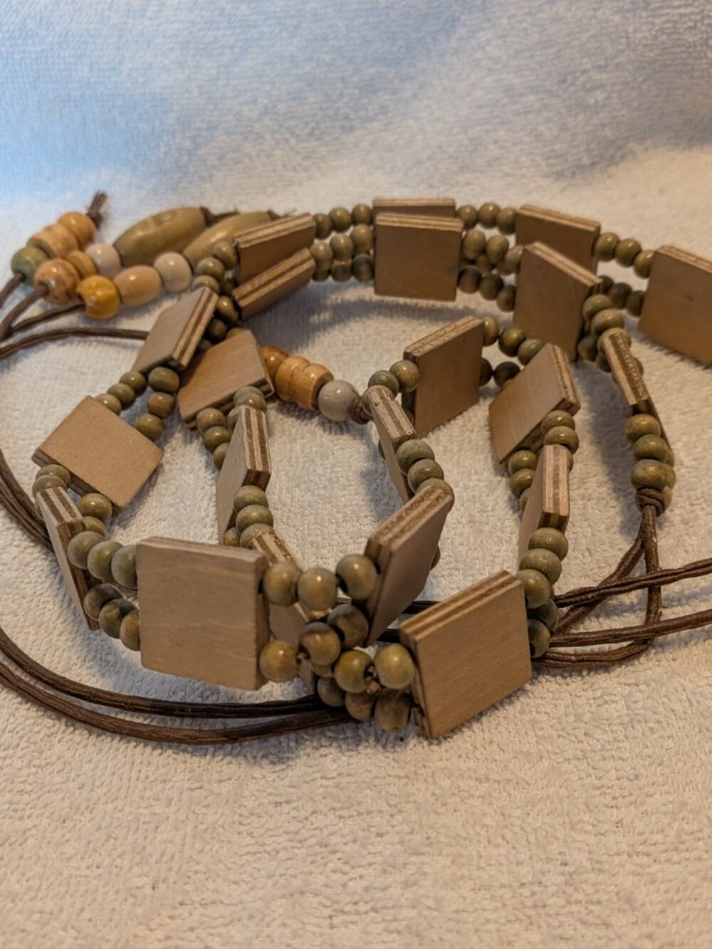 Wood and Bead Tie Belt Green Brown Wooden Beads Accent